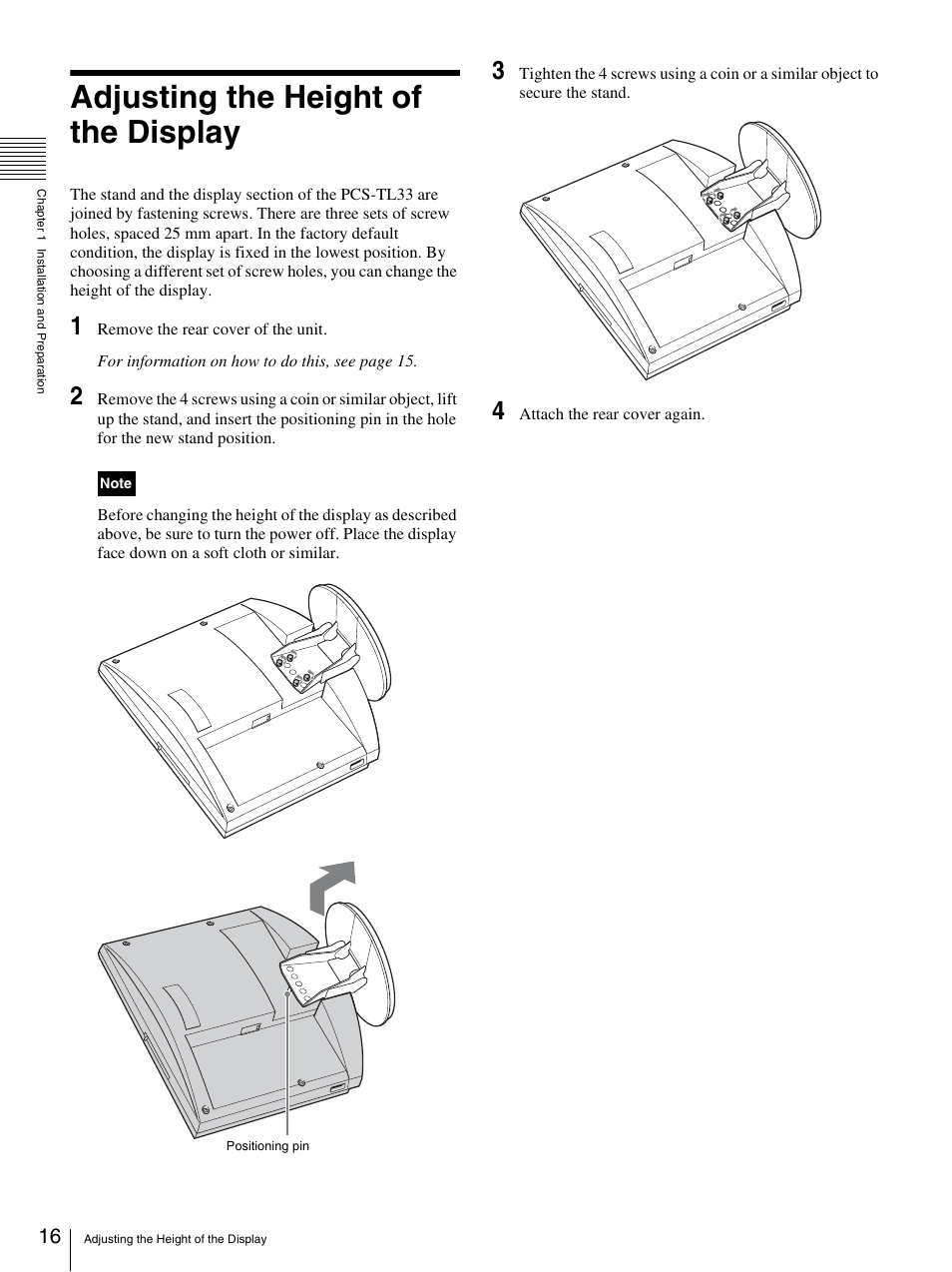 Adjusting the height of the display | Sony PCS-TL33 User Manual | Page 16 / 129