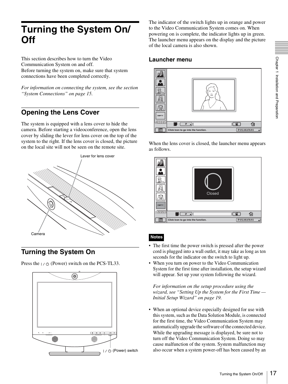 Turning the system on/off, Opening the lens cover, Turning the system on | Opening the lens cover turning the system on, Turning the system on/ off, Launcher menu | Sony PCS-TL33 User Manual | Page 17 / 129