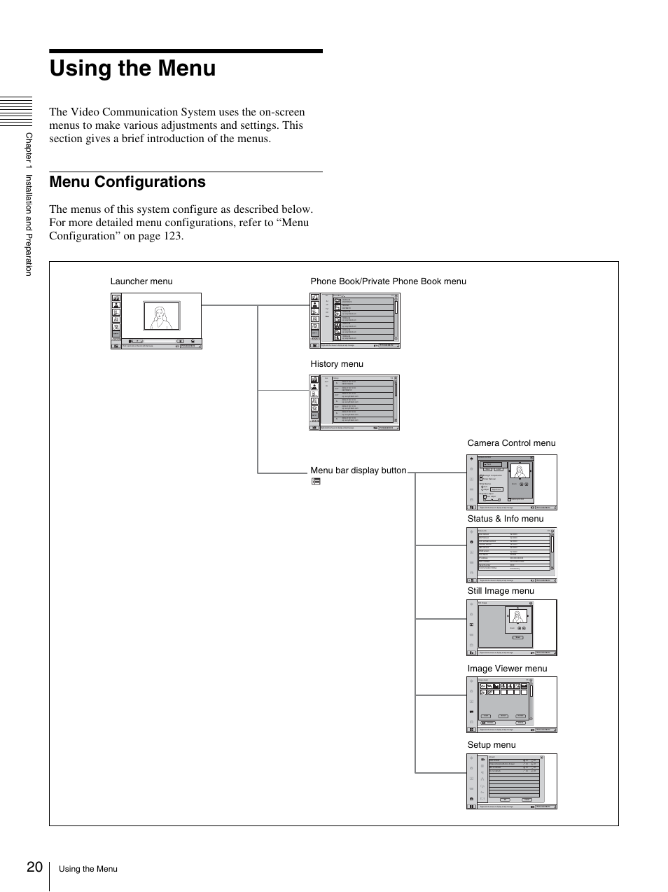 Using the menu, Menu configurations | Sony PCS-TL33 User Manual | Page 20 / 129