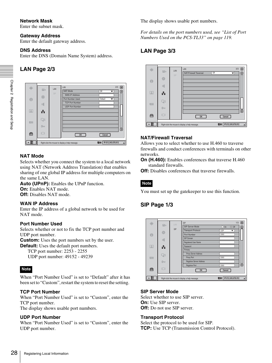 Lan page 2/3, Lan page 3/3, Sip page 1/3 | Sony PCS-TL33 User Manual | Page 28 / 129