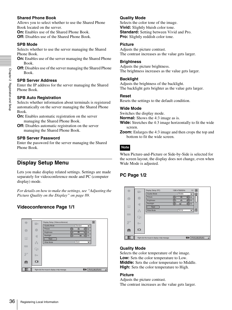 Display setup menu, Videoconference page 1/1, Pc page 1/2 | Sony PCS-TL33 User Manual | Page 36 / 129