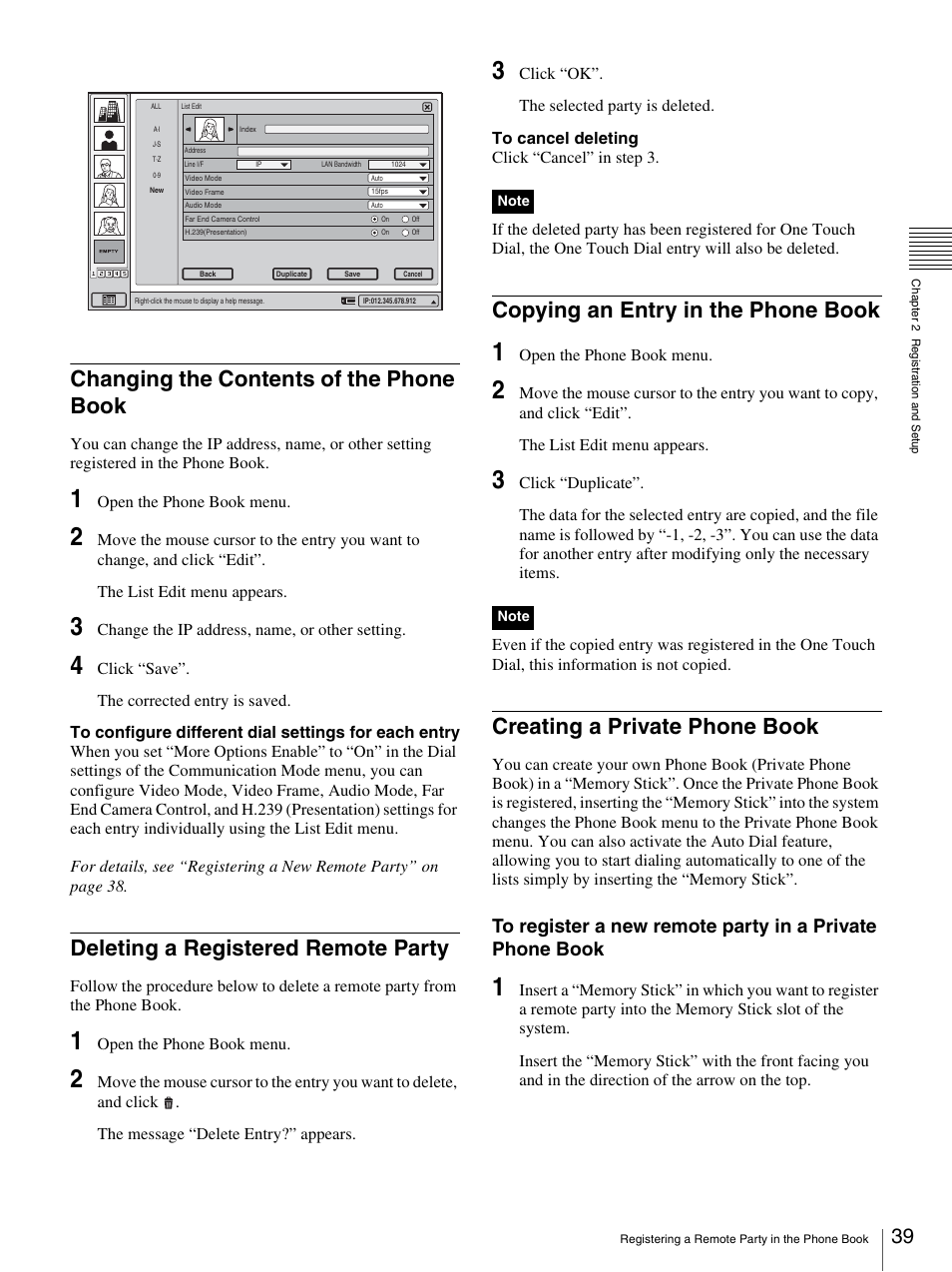 Changing the contents of the phone book, Deleting a registered remote party, Copying an entry in the phone book | Creating a private phone book, Ges 39 | Sony PCS-TL33 User Manual | Page 39 / 129