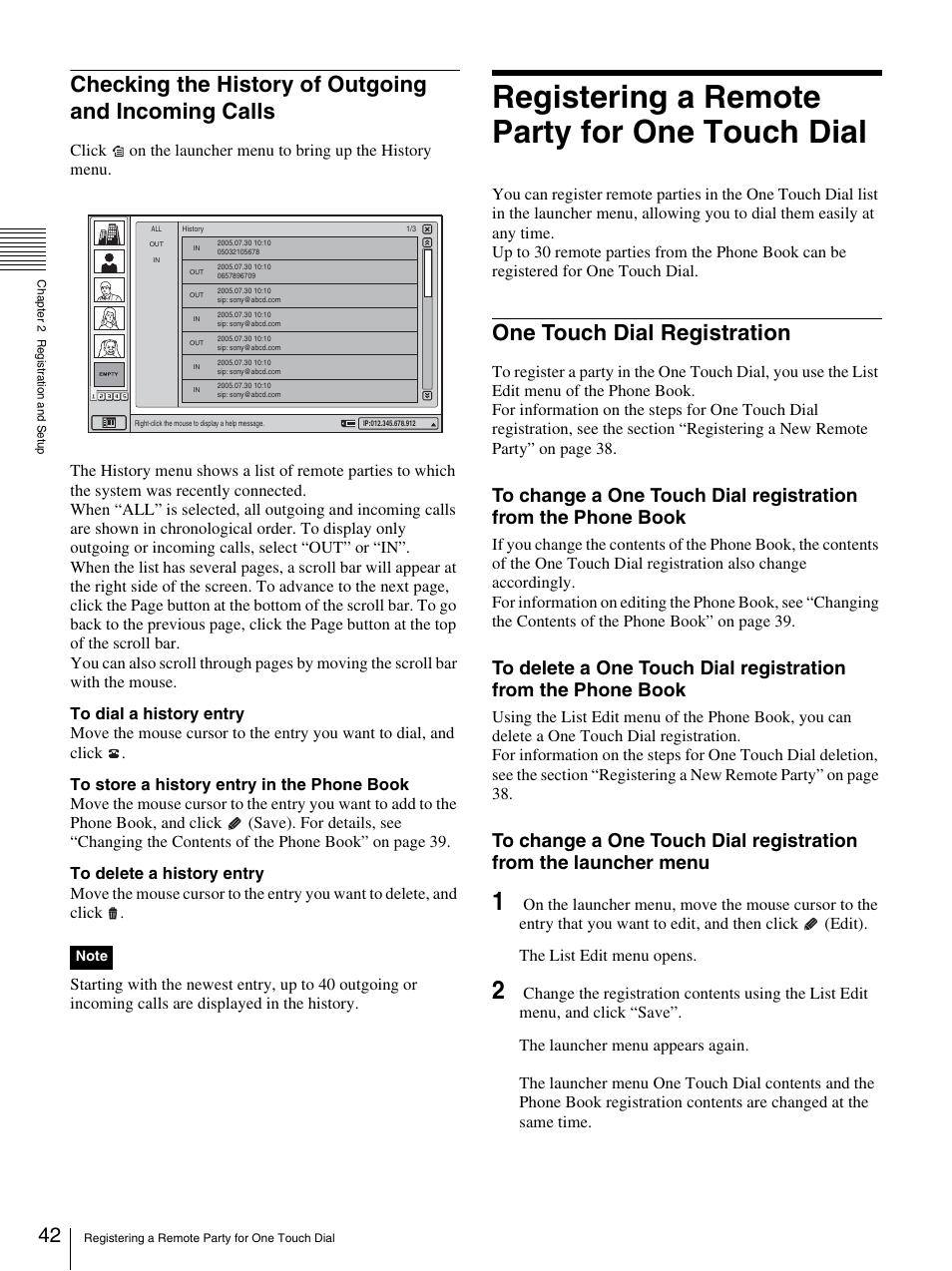 Registering a remote party for one touch dial, One touch dial registration, Es 42 | 42 and | Sony PCS-TL33 User Manual | Page 42 / 129