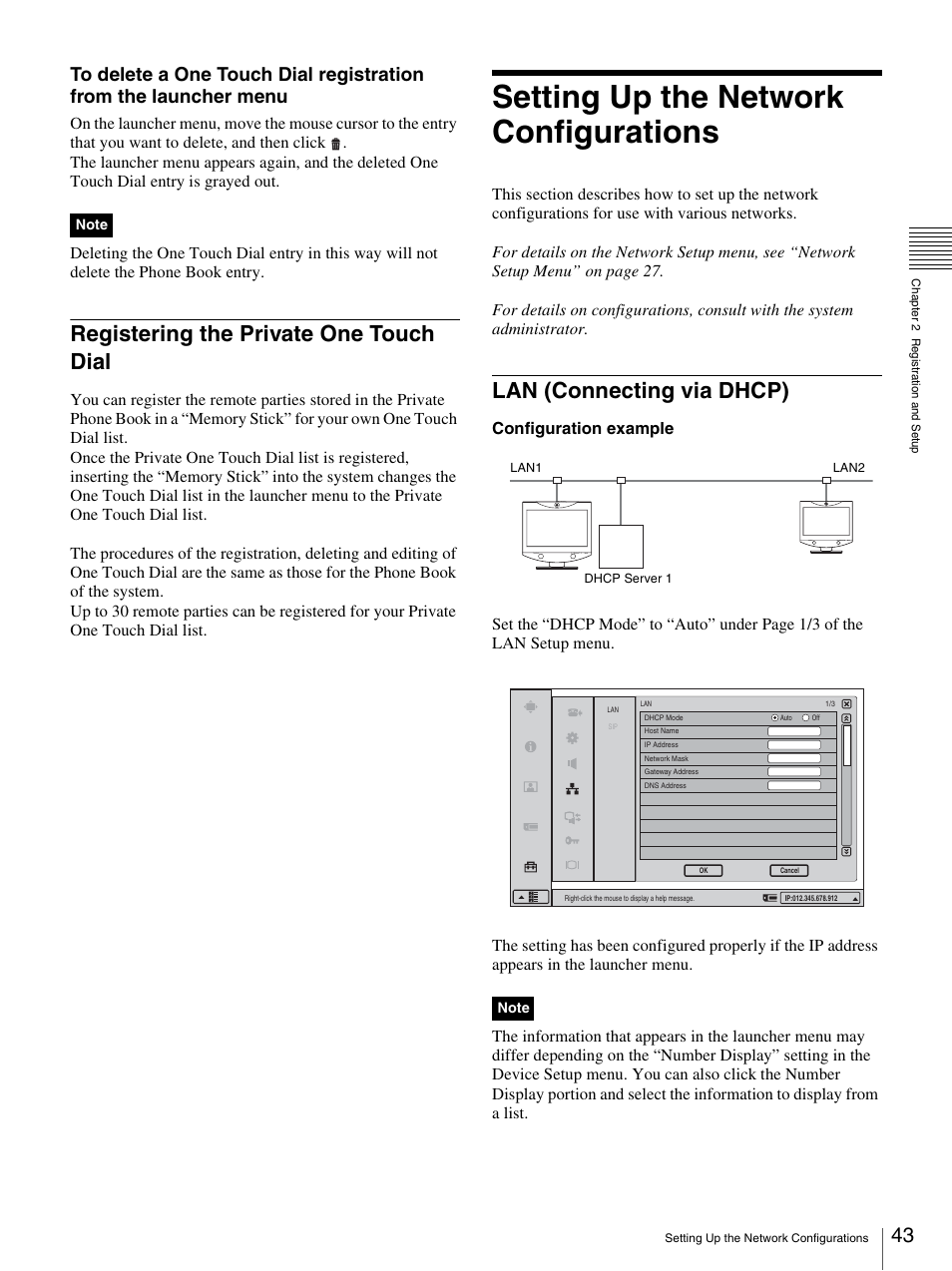 Registering the private one touch dial, Setting up the network configurations, Lan (connecting via dhcp) | Sony PCS-TL33 User Manual | Page 43 / 129