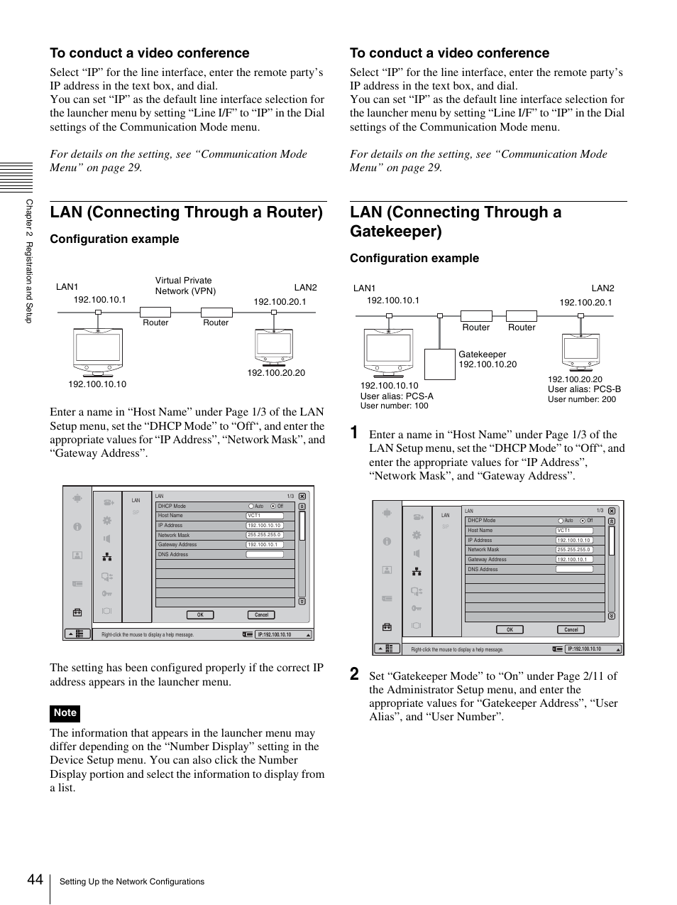 Lan (connecting through a router), Lan (connecting through a gatekeeper), Configuration example | Sony PCS-TL33 User Manual | Page 44 / 129