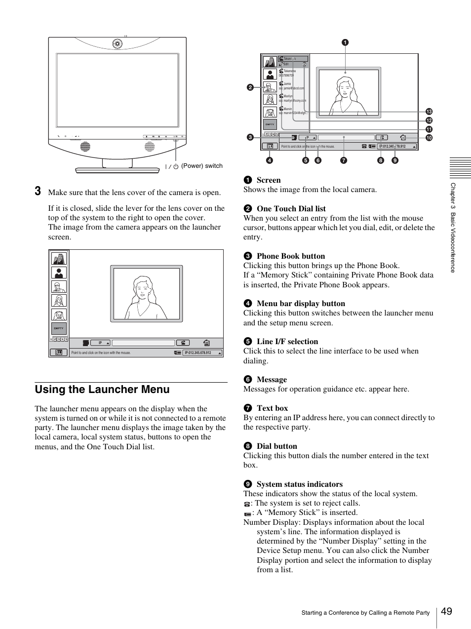 Using the launcher menu, Es 49 | Sony PCS-TL33 User Manual | Page 49 / 129
