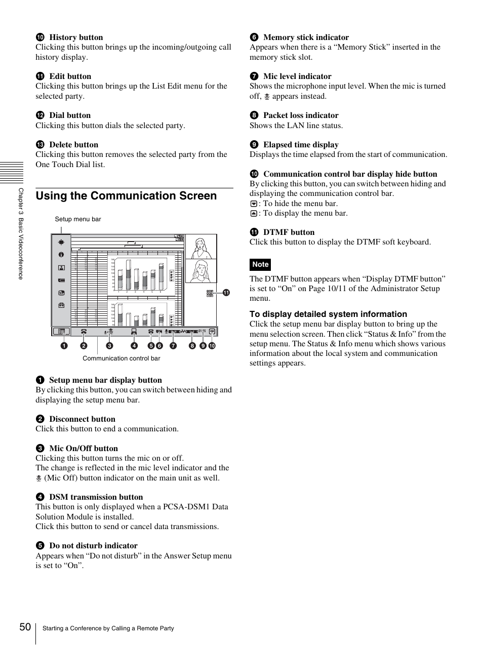 Using the communication screen, Setup menu bar communication control bar | Sony PCS-TL33 User Manual | Page 50 / 129