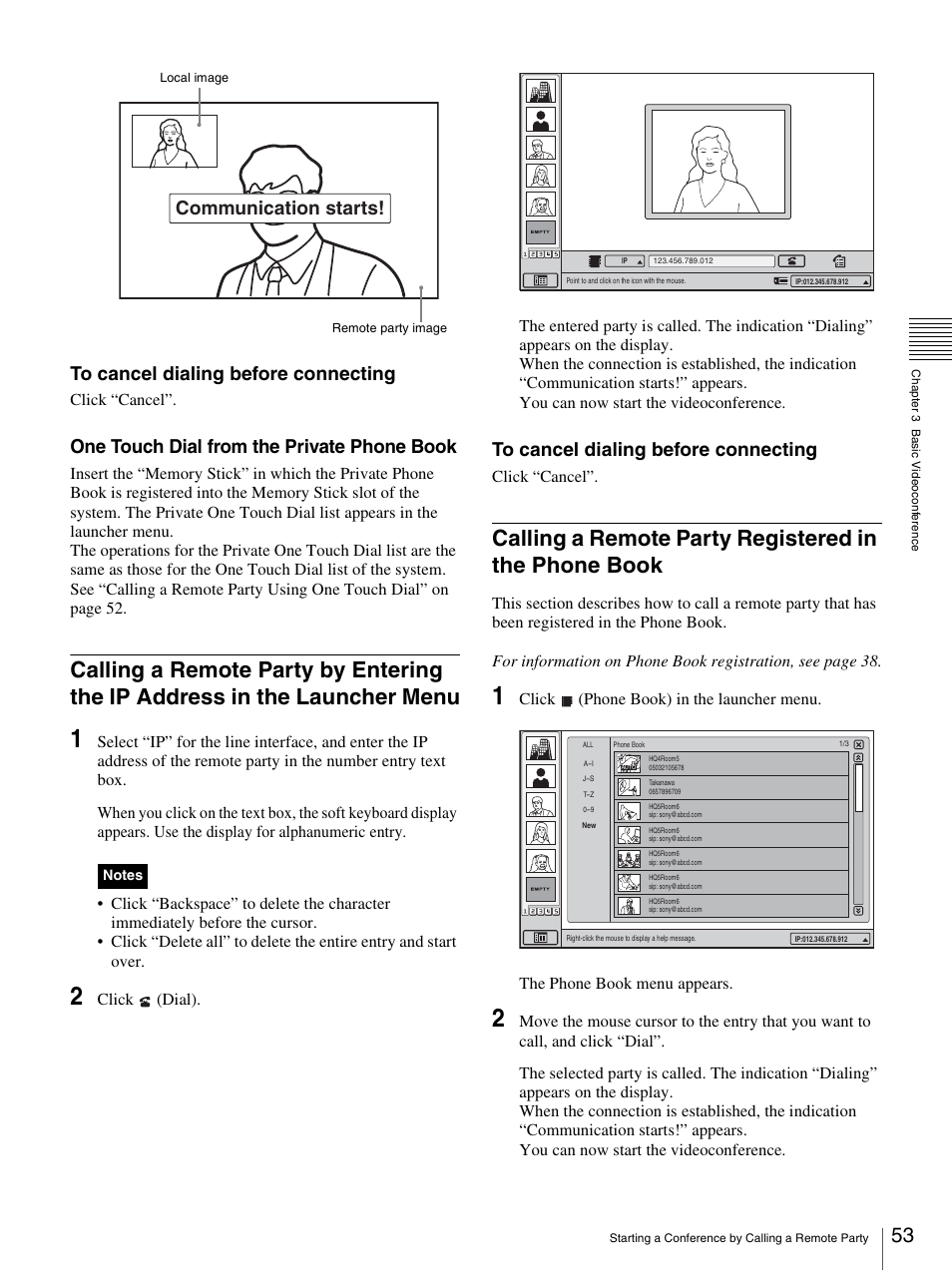 Menu, One touch dial from the private phone book, Communication starts | Sony PCS-TL33 User Manual | Page 53 / 129