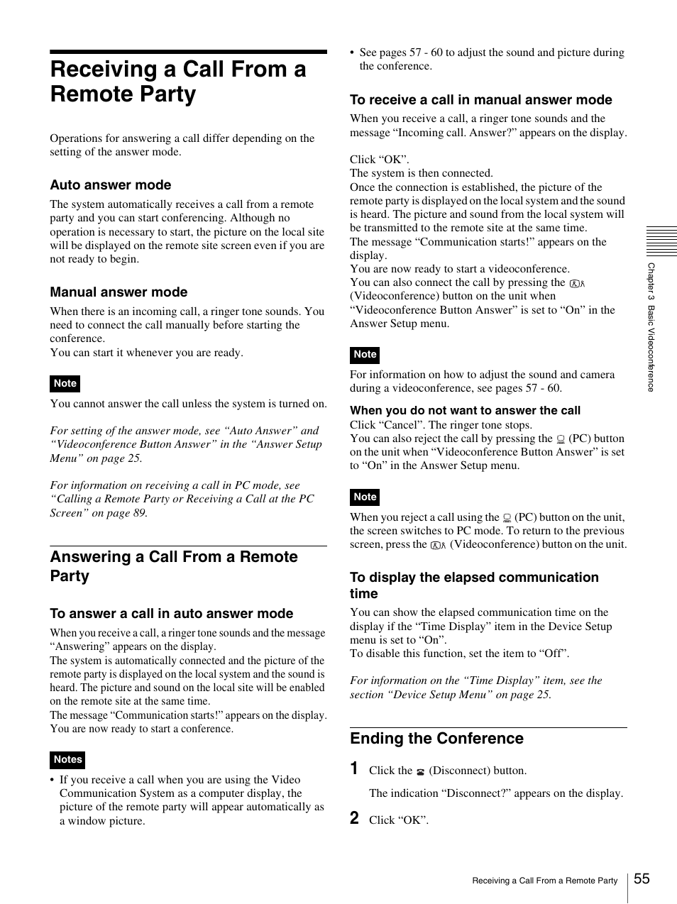 Receiving a call from a remote party, Answering a call from a remote party, Ending the conference | Sony PCS-TL33 User Manual | Page 55 / 129