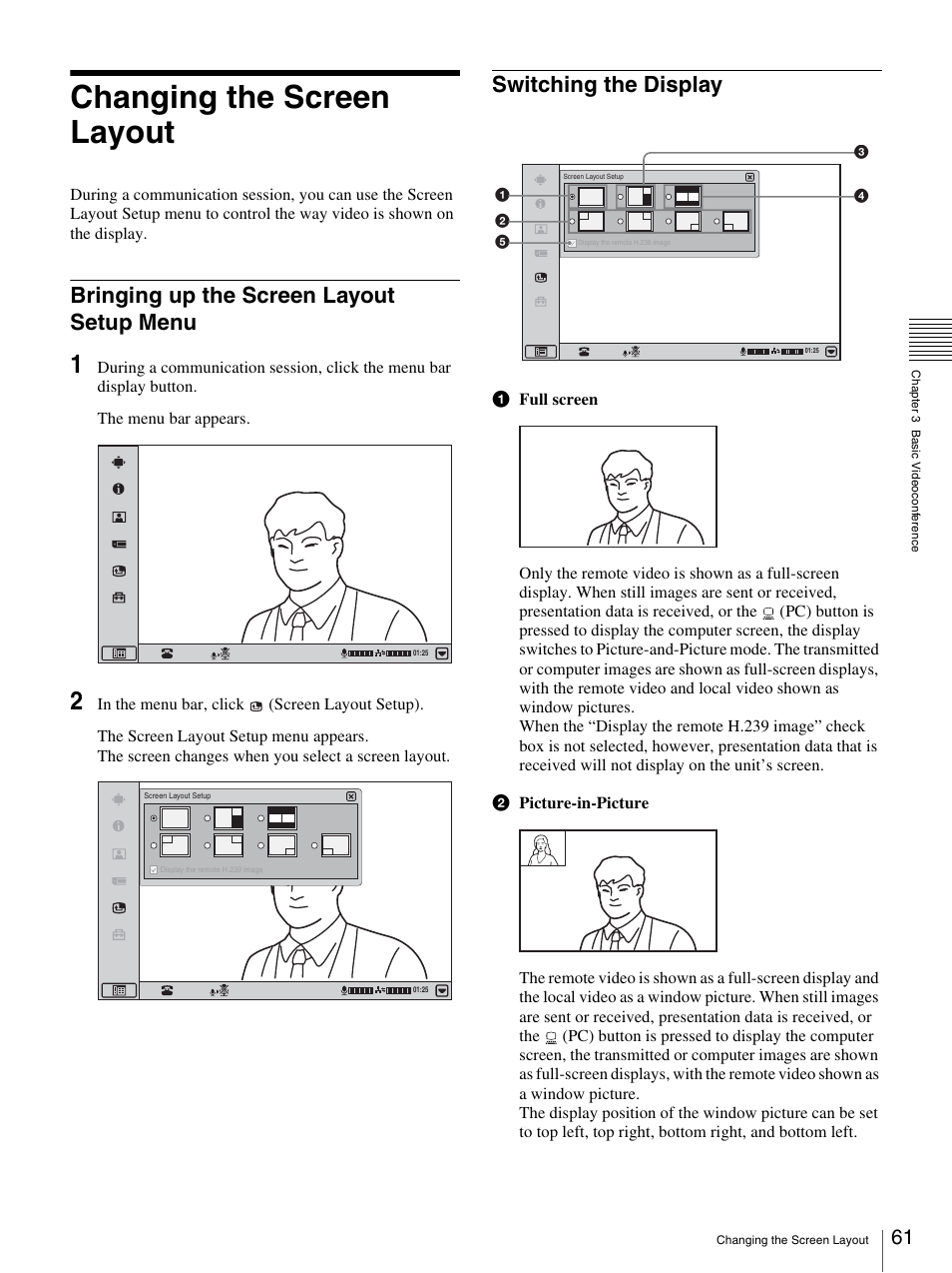 Changing the screen layout, Bringing up the screen layout setup menu, Switching the display | Sony PCS-TL33 User Manual | Page 61 / 129
