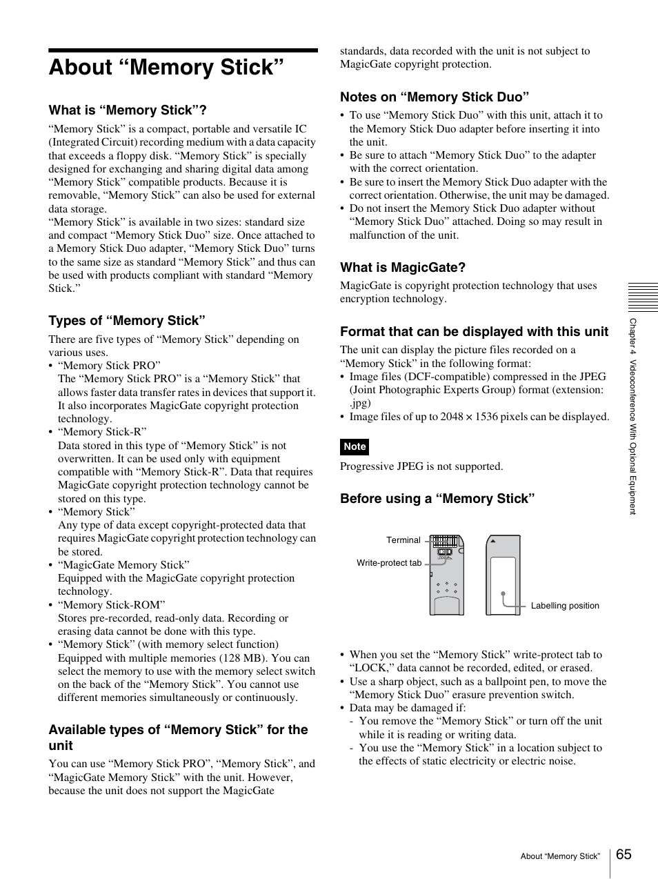 About “memory stick, What is magicgate, Format that can be displayed with this unit | Sony PCS-TL33 User Manual | Page 65 / 129