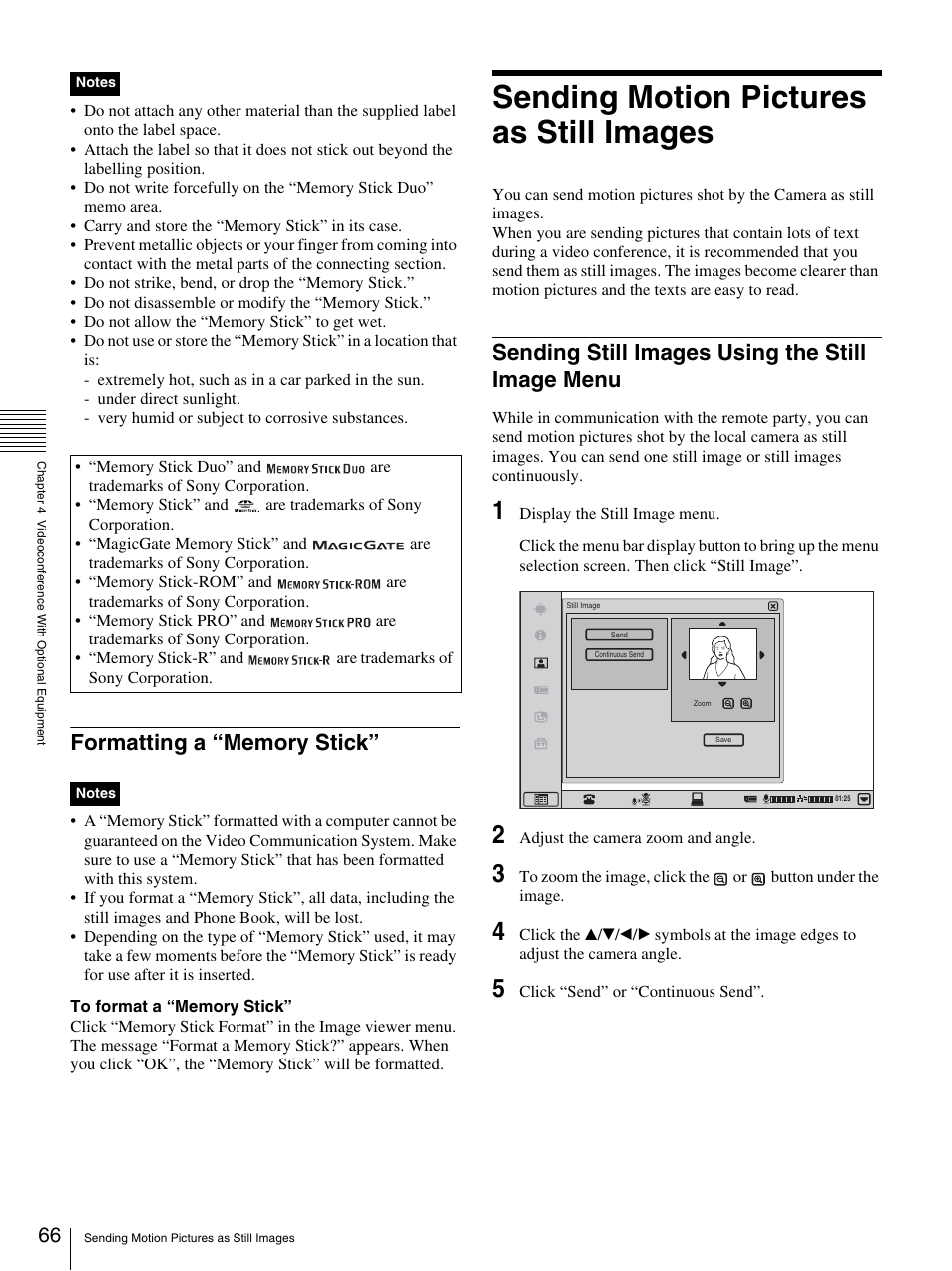 Formatting a “memory stick, Sending motion pictures as still images, Sending still images using the still image menu | Ages 66 | Sony PCS-TL33 User Manual | Page 66 / 129