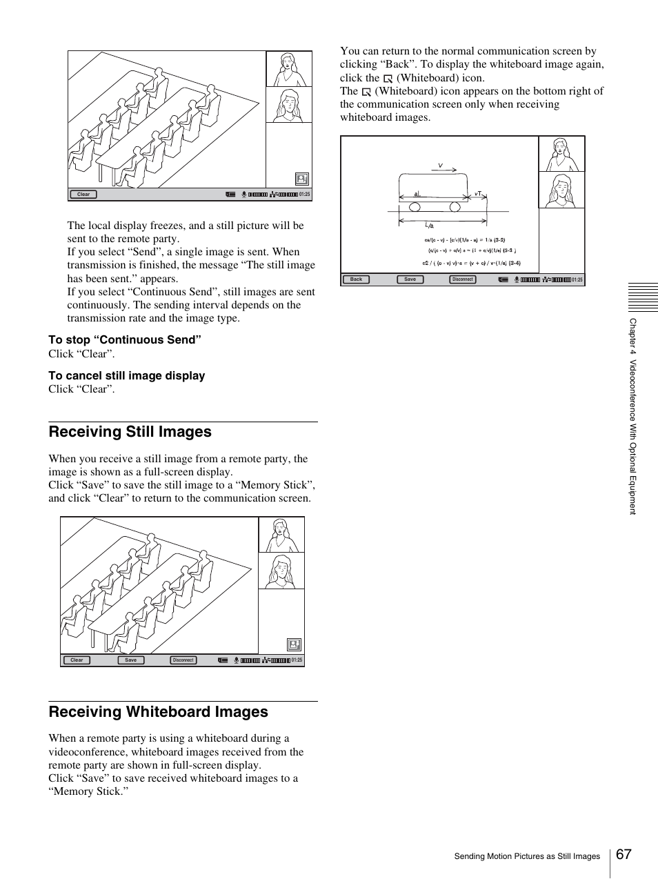 Receiving still images, Receiving whiteboard images, Receiving still images receiving whiteboard images | Sony PCS-TL33 User Manual | Page 67 / 129