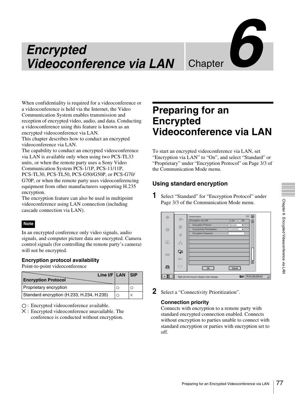 Chapter 6 encrypted videoconference via lan, Preparing for an encrypted videoconference via lan, Encrypted videoconference via lan | Chapter | Sony PCS-TL33 User Manual | Page 77 / 129