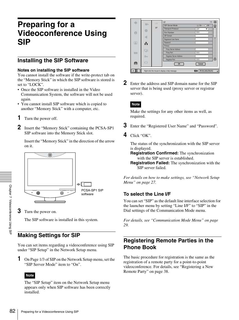 Preparing for a videoconference using sip, Installing the sip software, Making settings for sip | Registering remote parties in the phone book | Sony PCS-TL33 User Manual | Page 82 / 129
