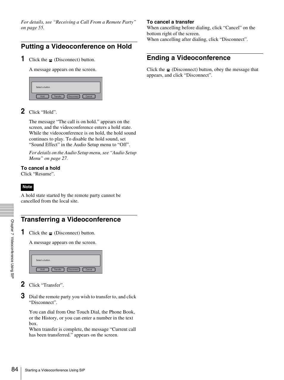 Putting a videoconference on hold, Transferring a videoconference, Ending a videoconference | Sony PCS-TL33 User Manual | Page 84 / 129
