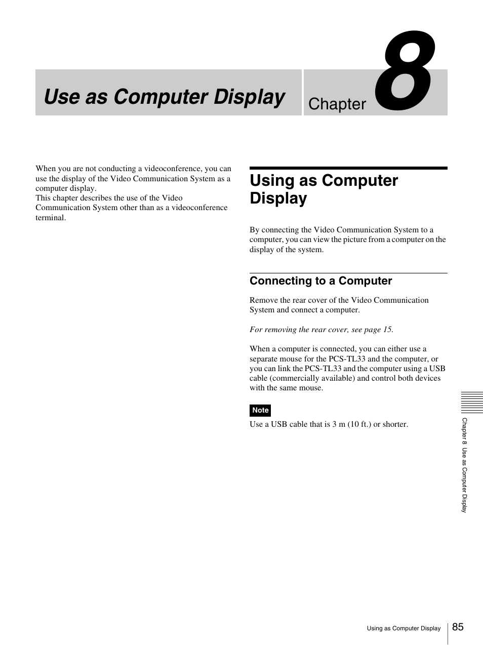 Chapter 8 use as computer display, Using as computer display, Connecting to a computer | Use as computer display, Chapter | Sony PCS-TL33 User Manual | Page 85 / 129
