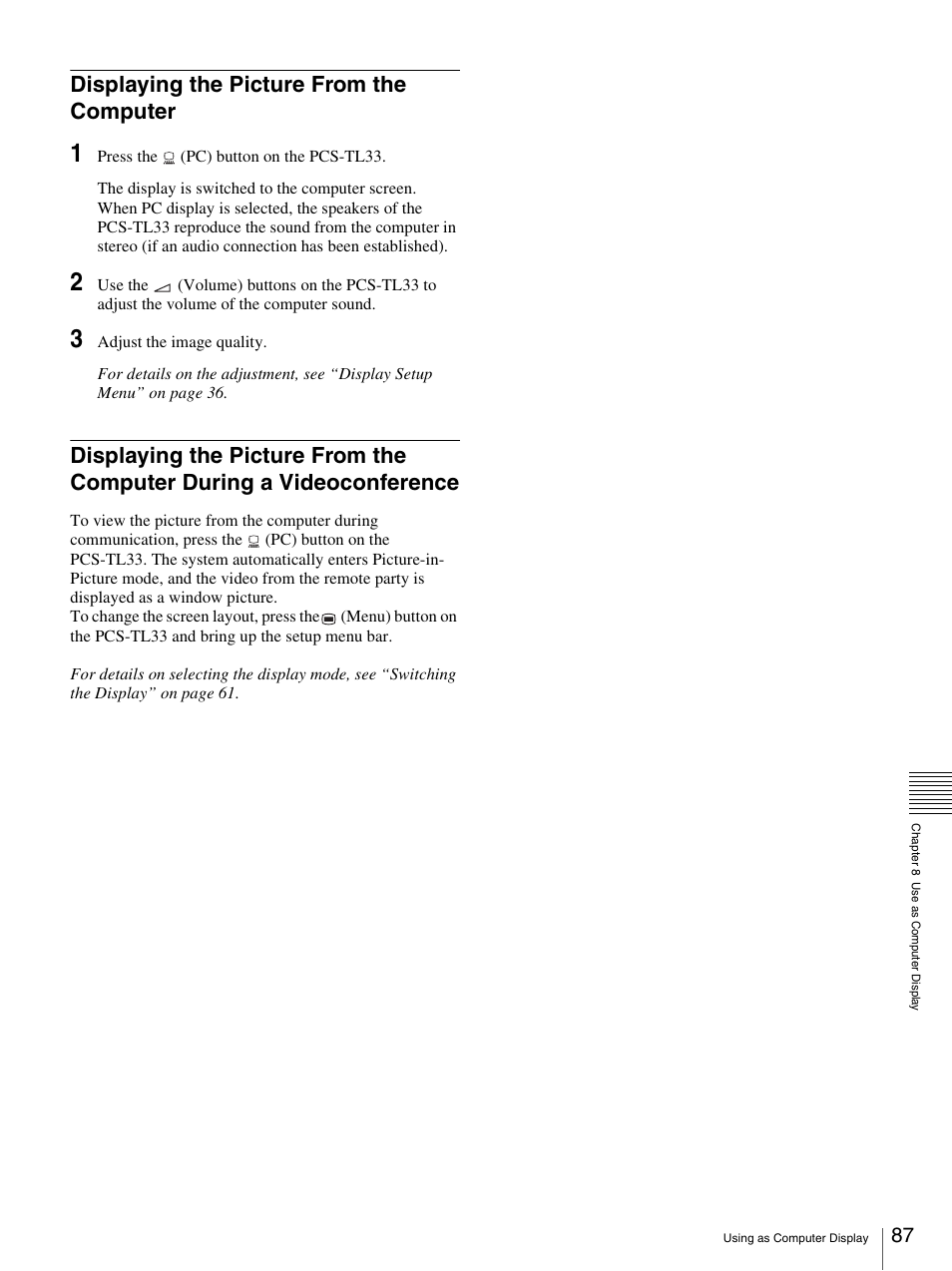 Displaying the picture from the computer, Videoconference | Sony PCS-TL33 User Manual | Page 87 / 129