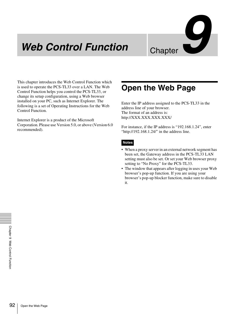 Chapter 9 web control function, Ter 9: web control function, Web control function | Chapter, Open the web page | Sony PCS-TL33 User Manual | Page 92 / 129