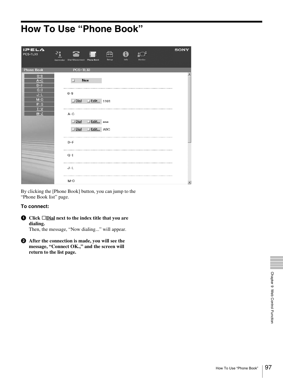How to use “phone book | Sony PCS-TL33 User Manual | Page 97 / 129