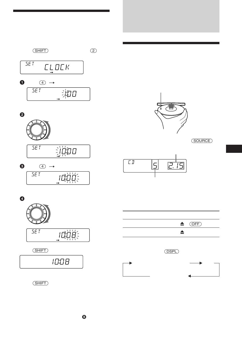 Reproductor de discos compactos, Ajuste del reloj, Reproducción de discos compactos | Clock, 1ooo, 1oo8 | Sony CDX-4480ESP User Manual | Page 25 / 38