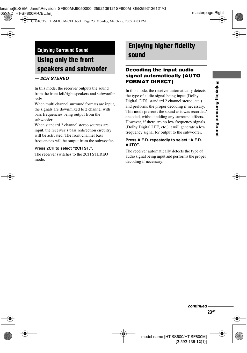 Enjoying surround sound, Using only the front speakers and subwoofer, 2ch stereo | Enjoying higher fidelity sound, Using only the front speakers and, Subwoofer — 2ch stereo | Sony HT-SF800M EN User Manual | Page 23 / 44