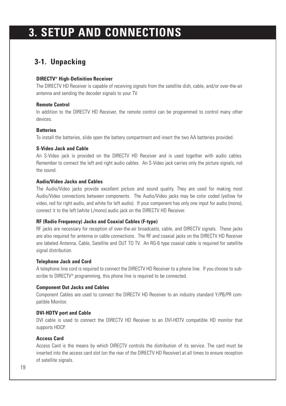 Setup and connections, 1. unpacking | Sony SAT-HD200 User Manual | Page 20 / 104