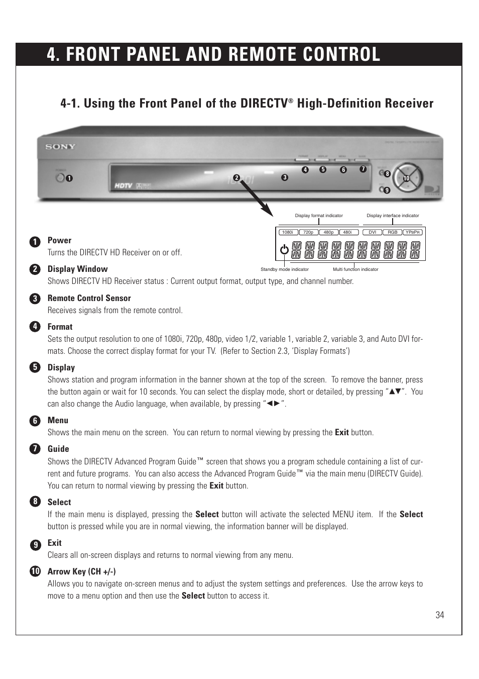 Front panel and remote control, 1. using the front panel of the directv, High-definition receiver | Sony SAT-HD200 User Manual | Page 35 / 104