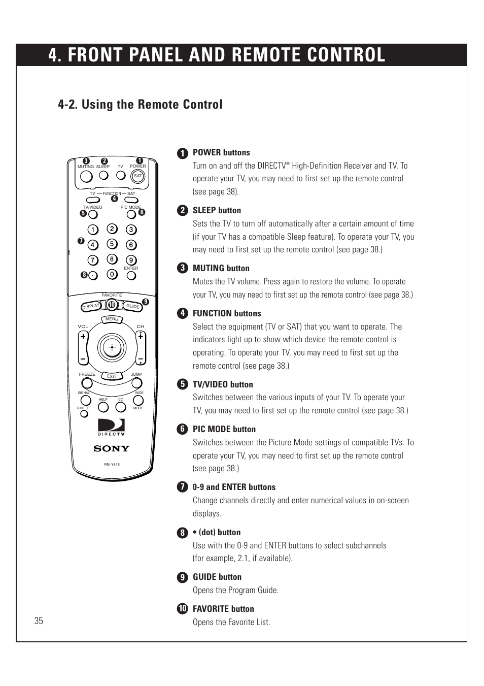Front panel and remote control, 2. using the remote control | Sony SAT-HD200 User Manual | Page 36 / 104