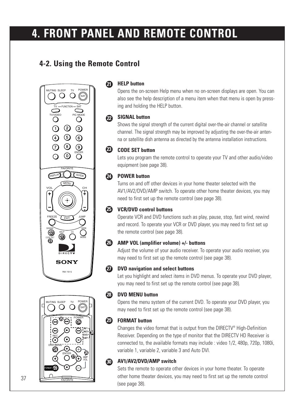 Front panel and remote control, 2. using the remote control | Sony SAT-HD200 User Manual | Page 38 / 104
