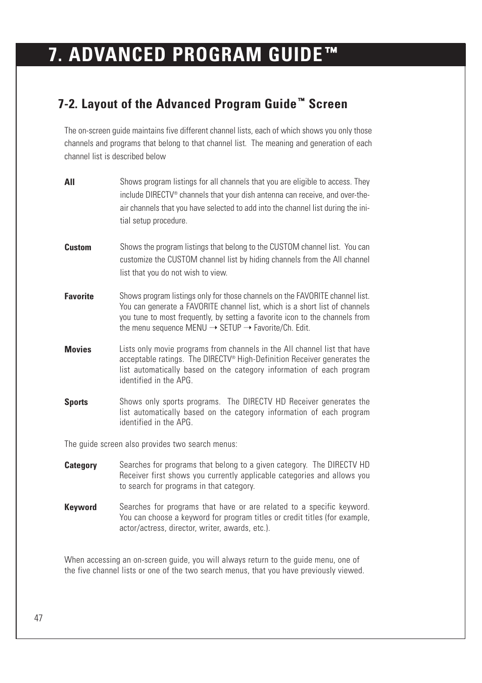 Advanced program guide, 2. layout of the advanced program guide, Screen | Sony SAT-HD200 User Manual | Page 48 / 104