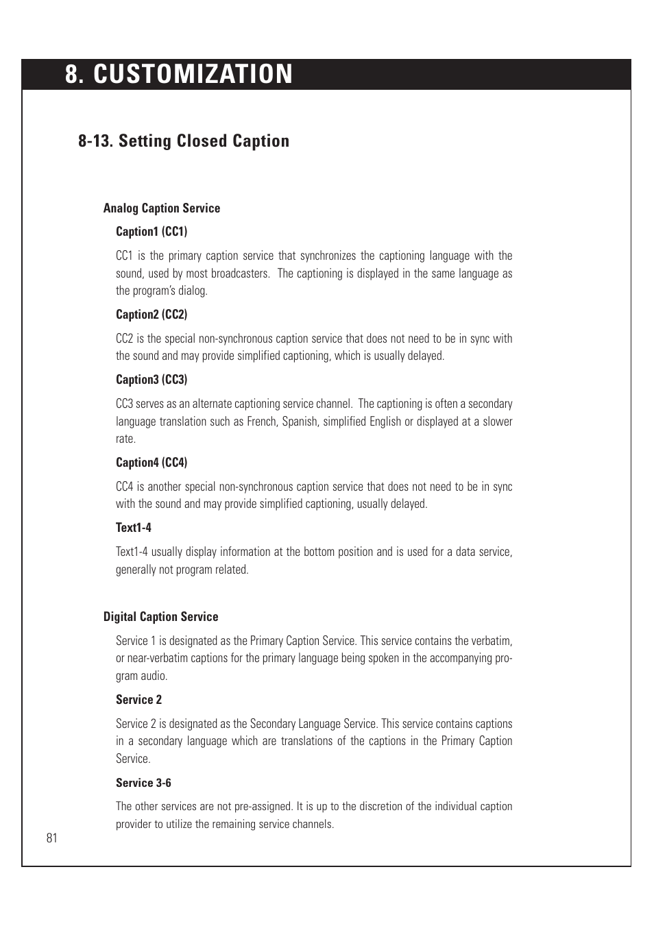 Customization, 13. setting closed caption | Sony SAT-HD200 User Manual | Page 82 / 104