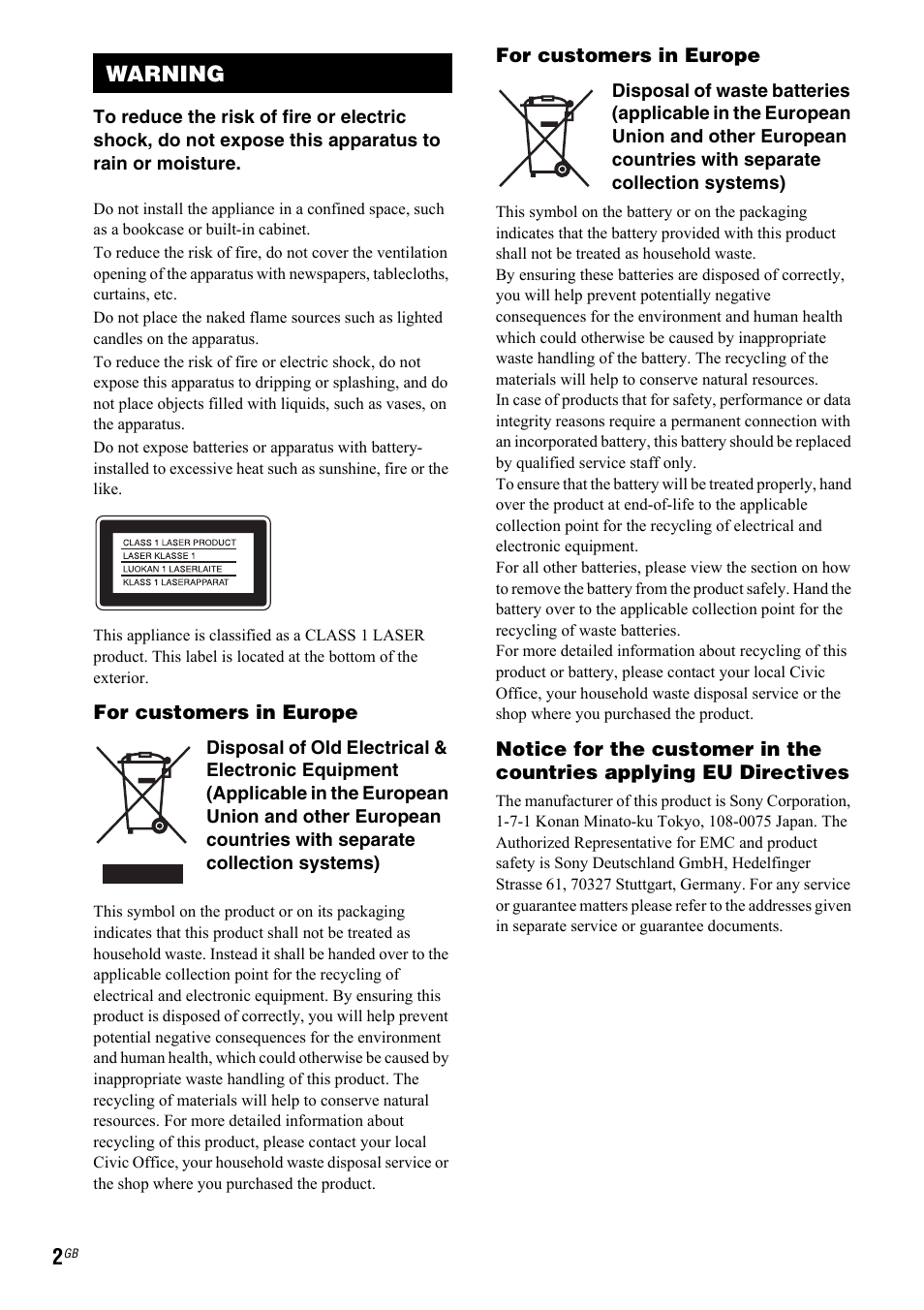 Warning | Sony 3-299-549-11(1) User Manual | Page 2 / 127