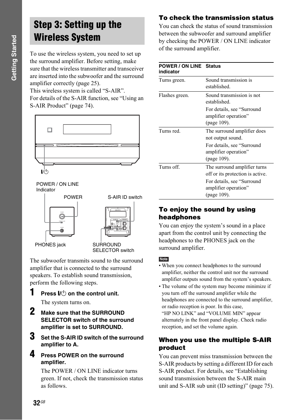 Step 3: setting up the wireless system, Step 3: setting up the wireless, System | Getting star ted, When you use the multiple s-air product, The system turns on, Press " / 1 on the control unit, Press power on the surround amplifier | Sony 3-299-549-11(1) User Manual | Page 32 / 127
