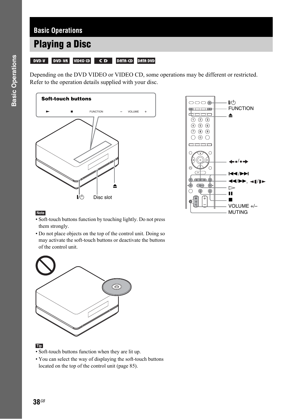 Basic operations, Playing a disc | Sony 3-299-549-11(1) User Manual | Page 38 / 127