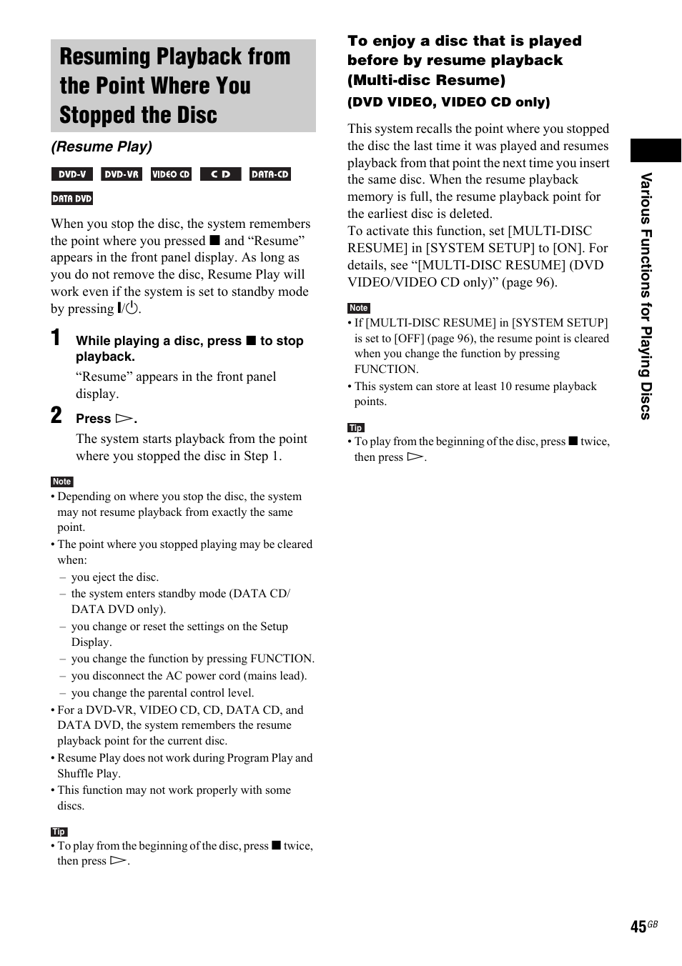 Resume play), Resuming playback from the point, Where you stopped the disc (resume play) | Sony 3-299-549-11(1) User Manual | Page 45 / 127