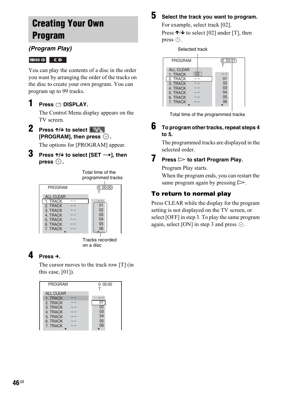 Creating your own program, Program play) | Sony 3-299-549-11(1) User Manual | Page 46 / 127