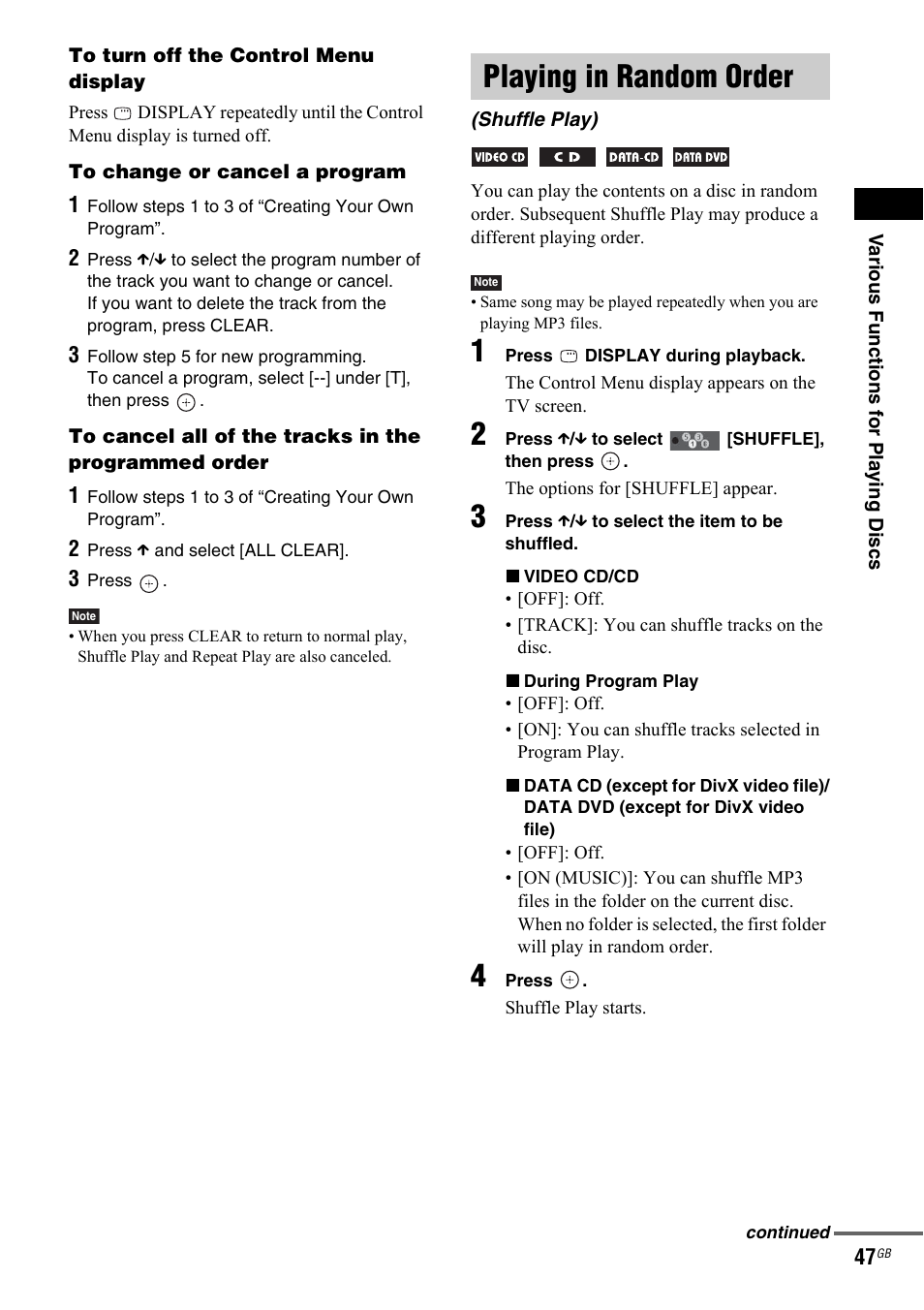 Playing in random order, Shuffle play) | Sony 3-299-549-11(1) User Manual | Page 47 / 127