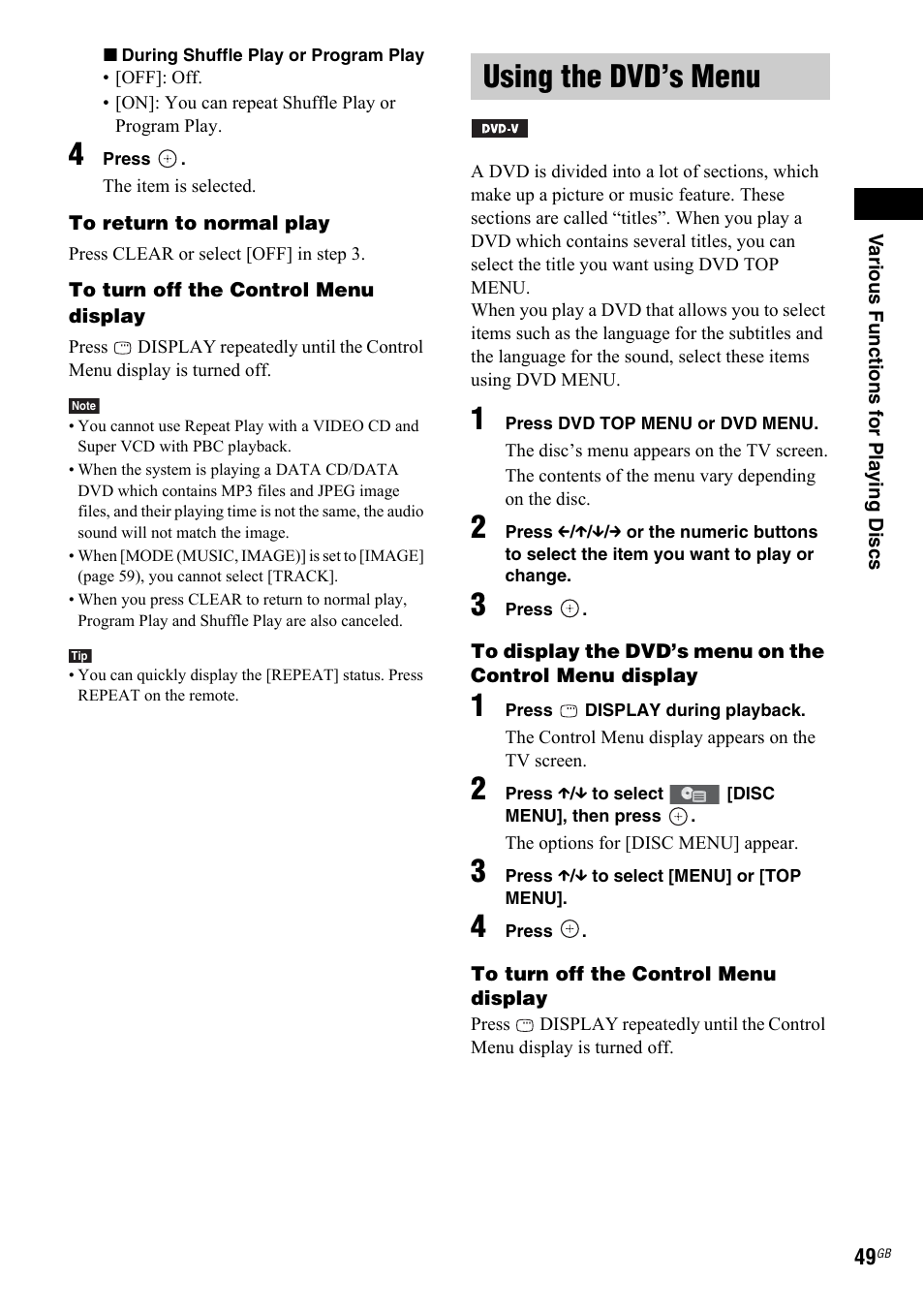 Using the dvd’s menu | Sony 3-299-549-11(1) User Manual | Page 49 / 127