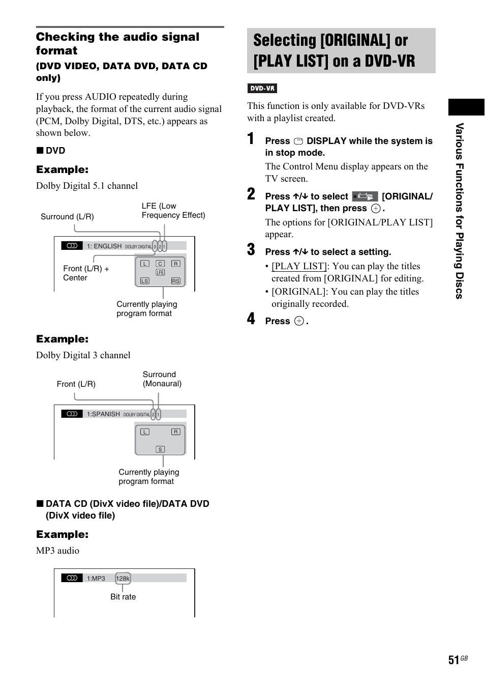 Selecting [original] or [play list] on a dvd-vr, Selecting [original] or, Play list] on a dvd-vr | Checking the audio signal format | Sony 3-299-549-11(1) User Manual | Page 51 / 127