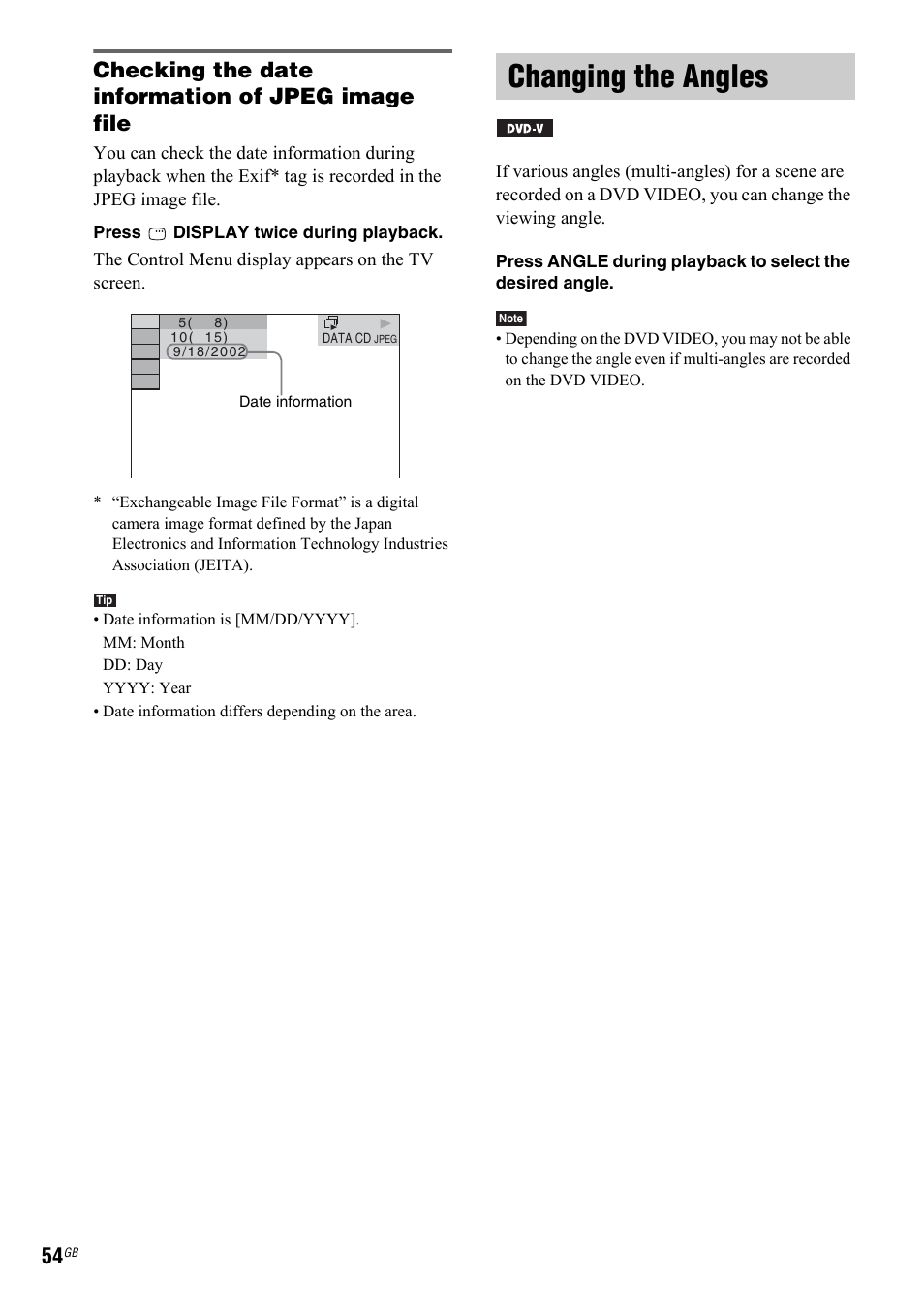 Changing the angles, Checking the date information of jpeg image file | Sony 3-299-549-11(1) User Manual | Page 54 / 127