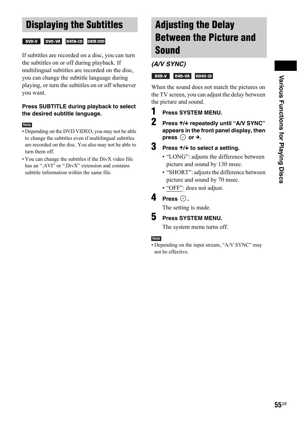 Displaying the subtitles, Adjusting the delay between the picture and sound, A/v sync) | Adjusting the delay between the, Picture and sound (a/v sync) | Sony 3-299-549-11(1) User Manual | Page 55 / 127
