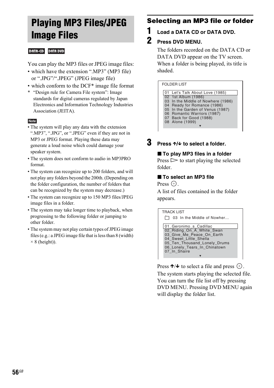 Playing mp3 files/jpeg image files, Selecting an mp3 file or folder | Sony 3-299-549-11(1) User Manual | Page 56 / 127