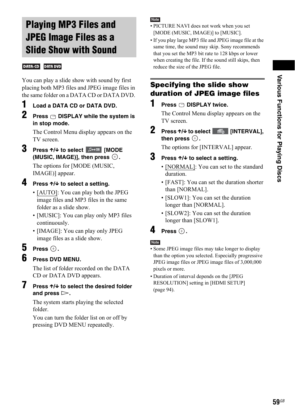 Playing mp3 files and jpeg, Image files as a slide show with sound | Sony 3-299-549-11(1) User Manual | Page 59 / 127