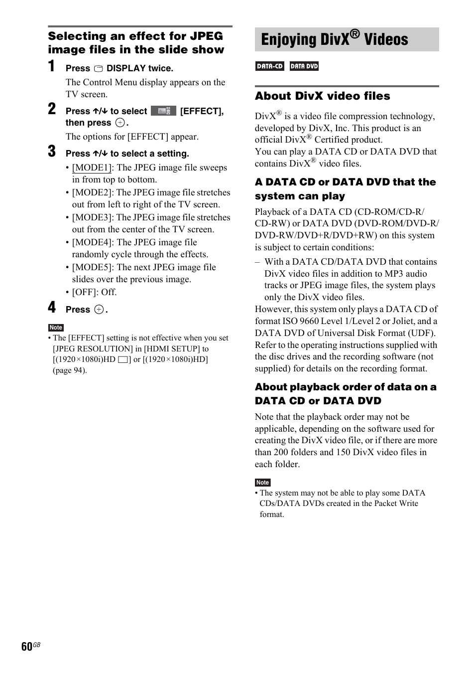 Enjoying divx® videos, Enjoying divx® vide, Enjoying divx | Videos | Sony 3-299-549-11(1) User Manual | Page 60 / 127