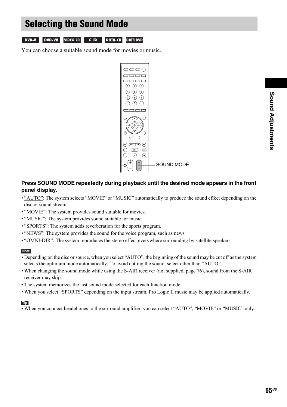 Selecting the sound mode | Sony 3-299-549-11(1) User Manual | Page 65 / 127