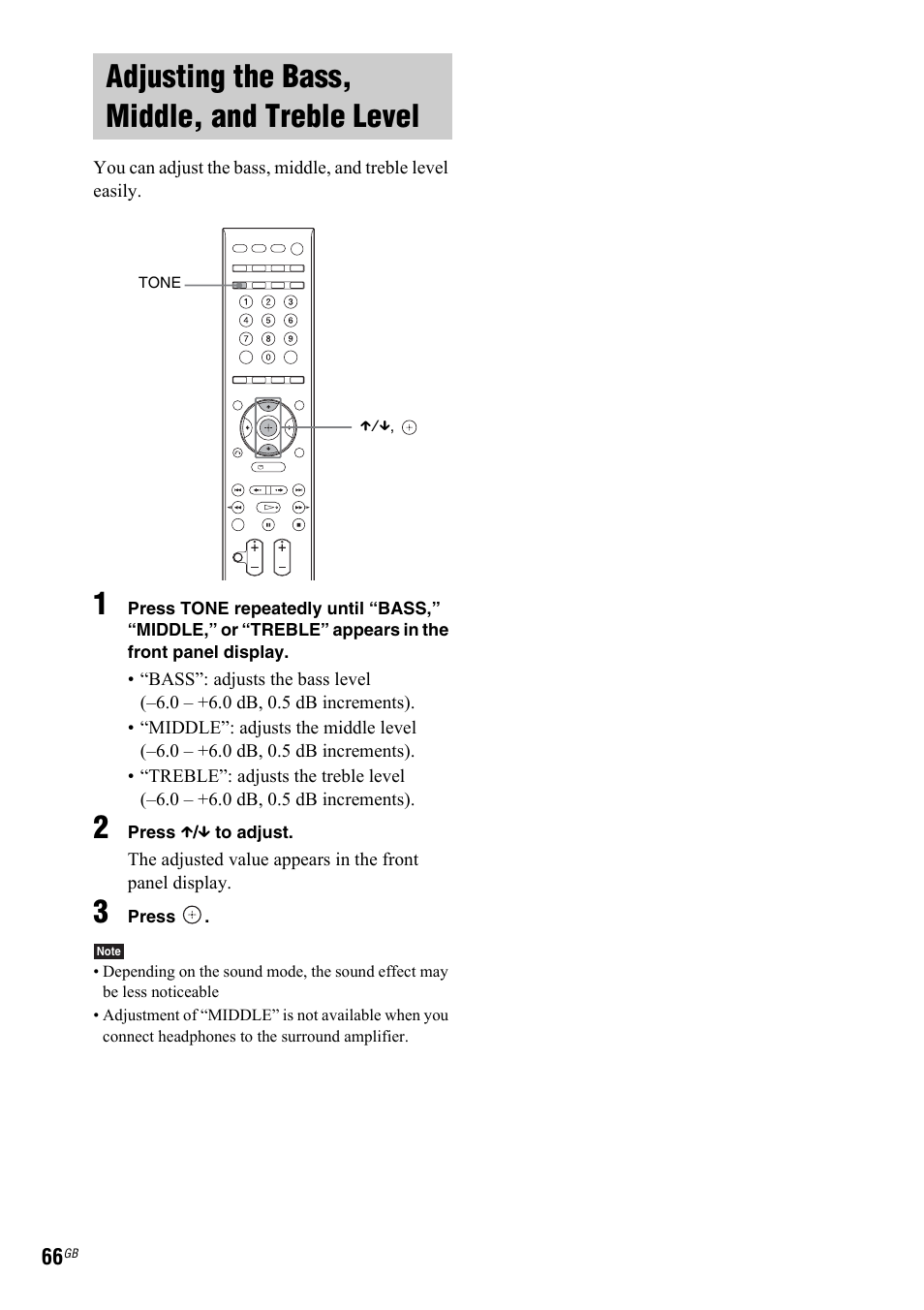 Adjusting the bass, middle, and treble level, Adjusting the bass, middle, and treble, Level | Sony 3-299-549-11(1) User Manual | Page 66 / 127