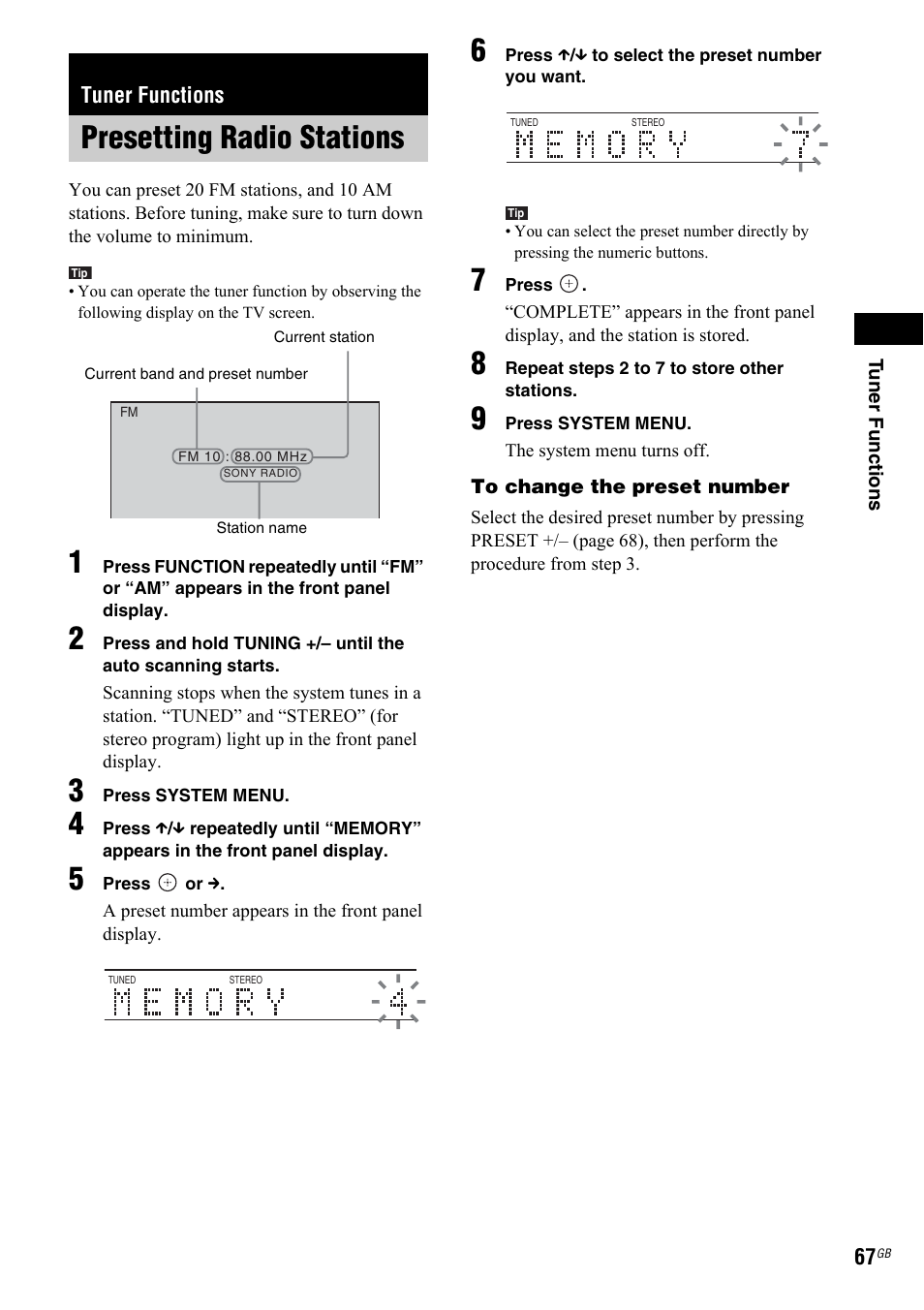 Tuner functions, Presetting radio stations | Sony 3-299-549-11(1) User Manual | Page 67 / 127