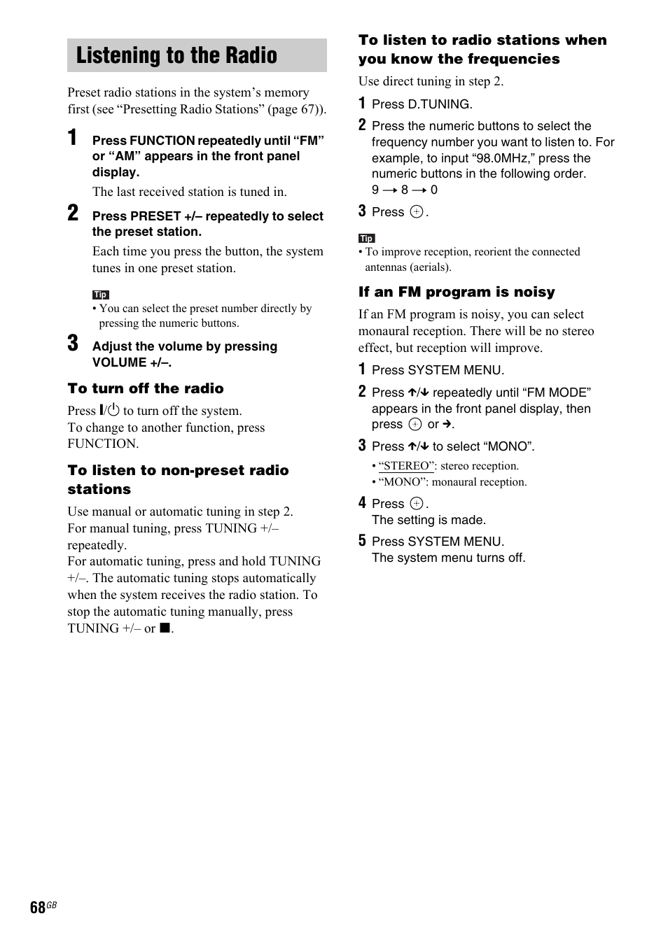 Listening to the radio | Sony 3-299-549-11(1) User Manual | Page 68 / 127