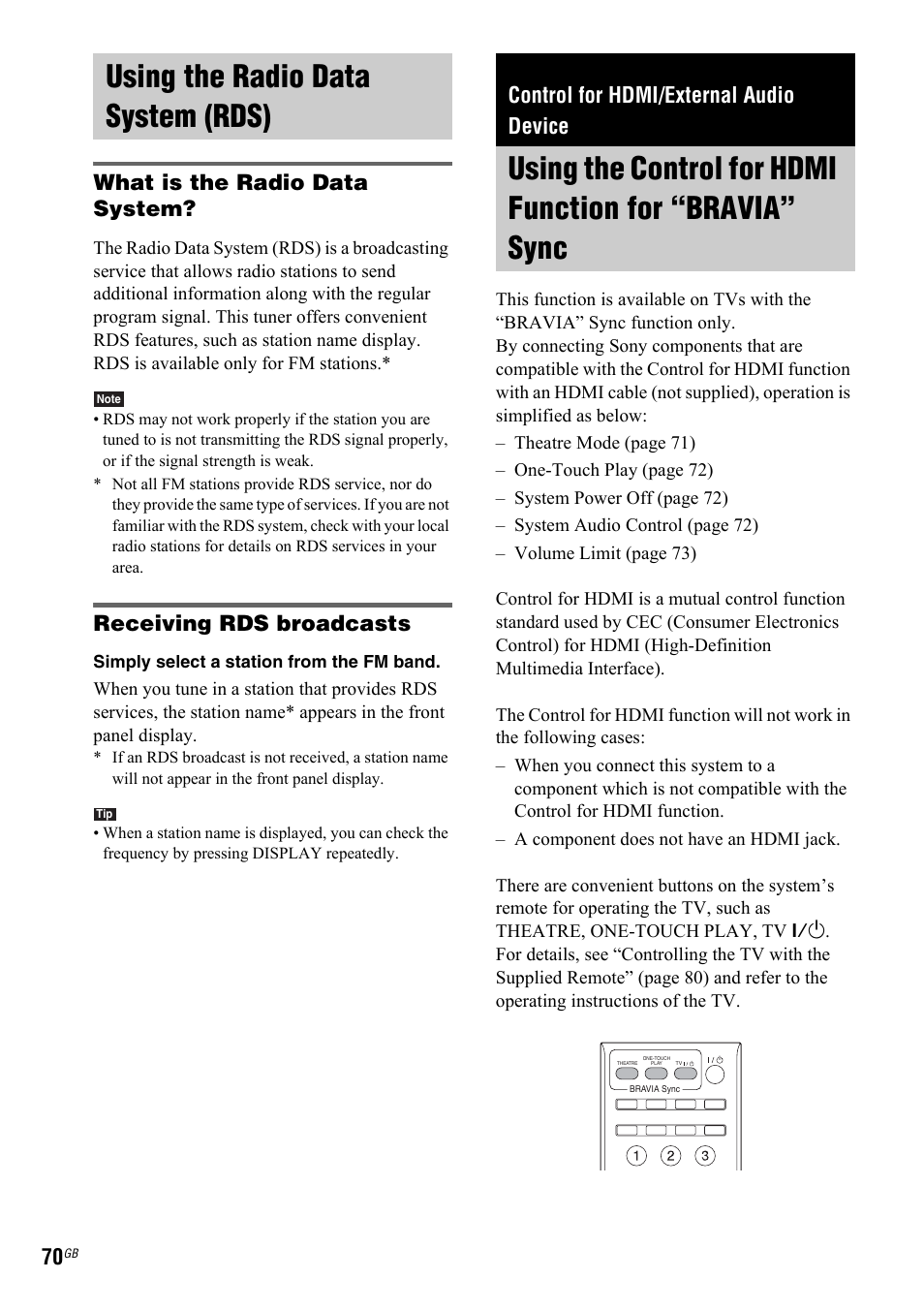 Using the radio data system (rds), Control for hdmi/external audio device, Using the control for hdmi function | For “bravia” sync, What is the radio data system, Receiving rds broadcasts | Sony 3-299-549-11(1) User Manual | Page 70 / 127